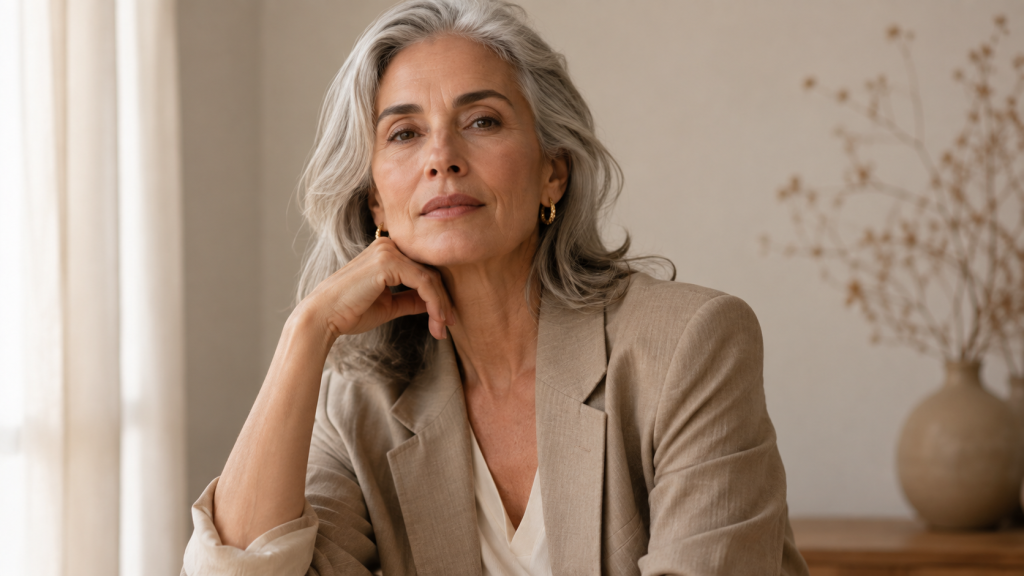 Mujer madura mostrando con naturalidad sus canas y su imagen como expresión de liderazgo femenino