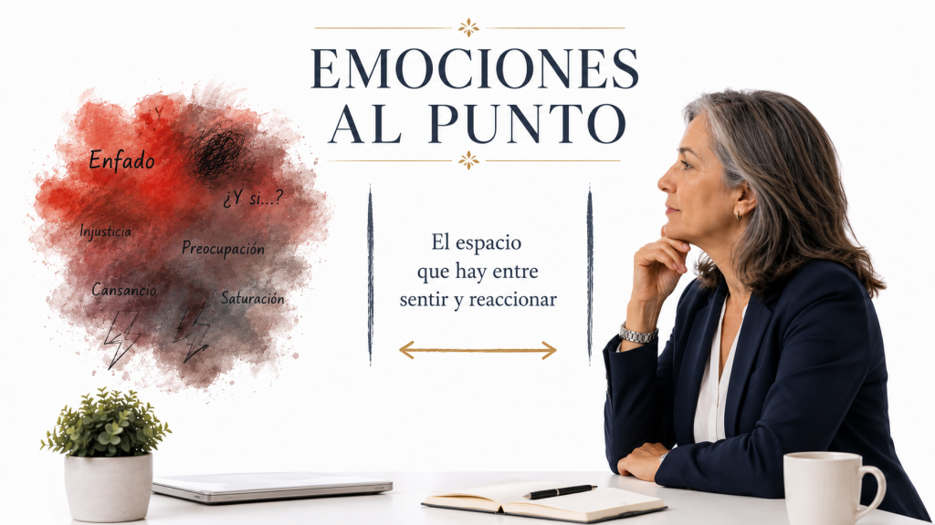 Mujer reflexionando sobre la gestión de las emociones y la importancia de hacer una pausa antes de reaccionar