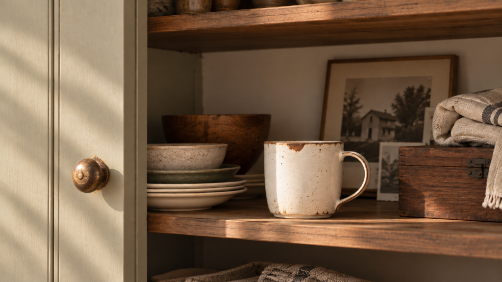 Taza y objetos con historia en un hogar, ejemplo de decoración emocional