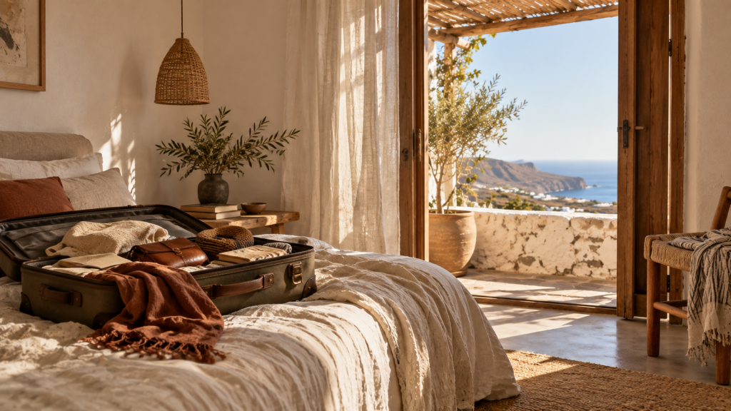 Dormitorio de una vivienda con maleta abierta y vistas al paisaje de Canarias