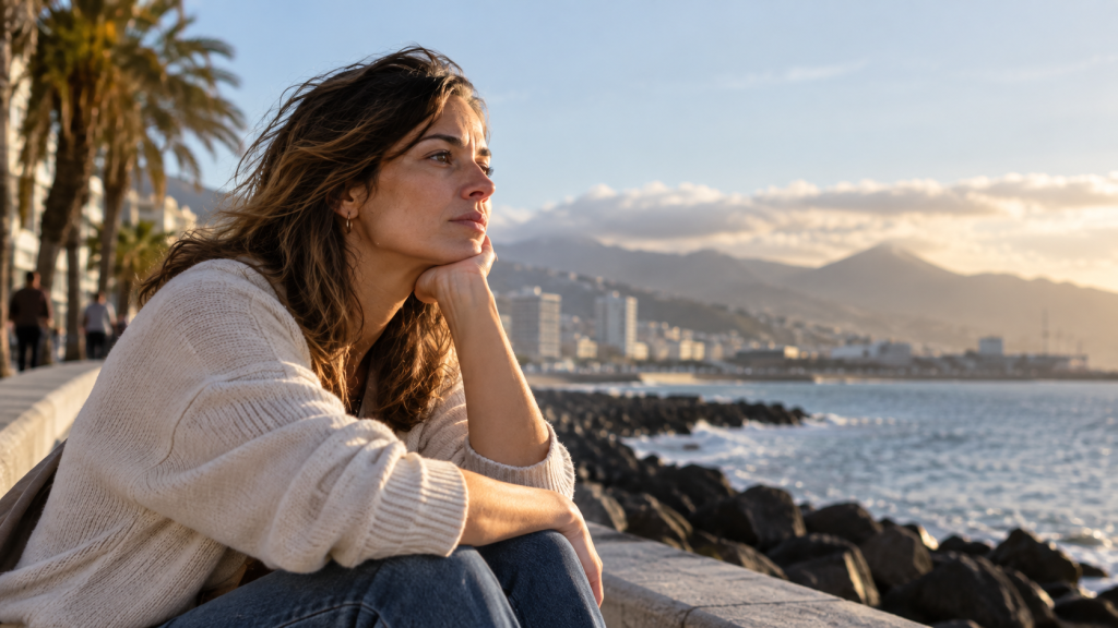 Mujer reflexionando junto al mar sobre su salud mental en Canarias
