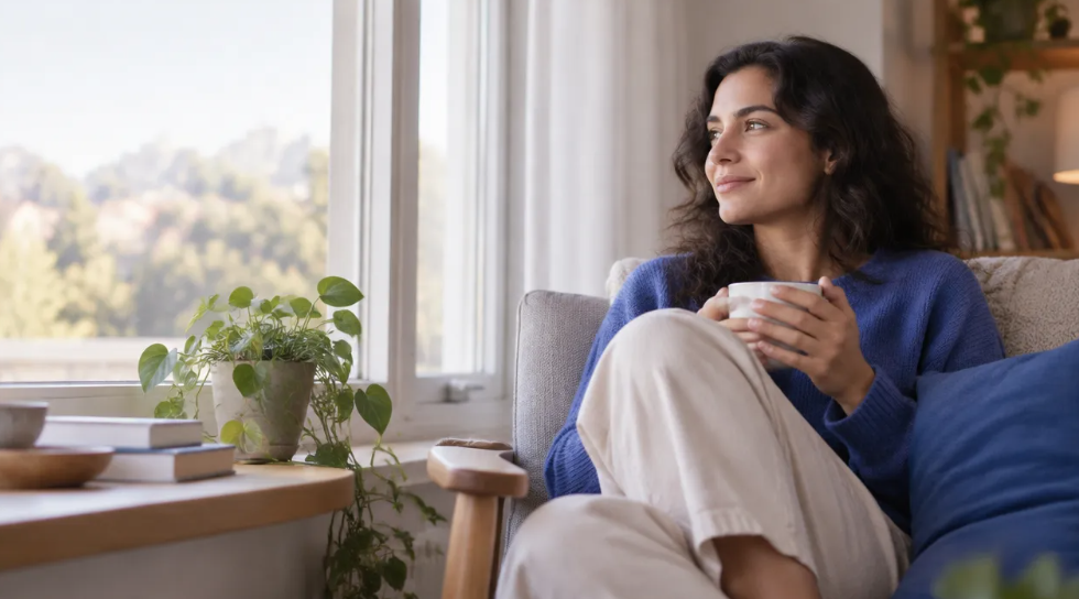 Persona reflexionando junto a una ventana para cuidar su salud emocional.