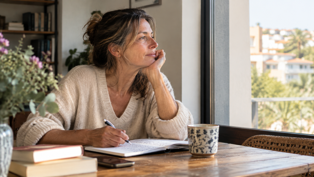 Mujer reflexionando sobre sus objetivos personales junto a una ventana.